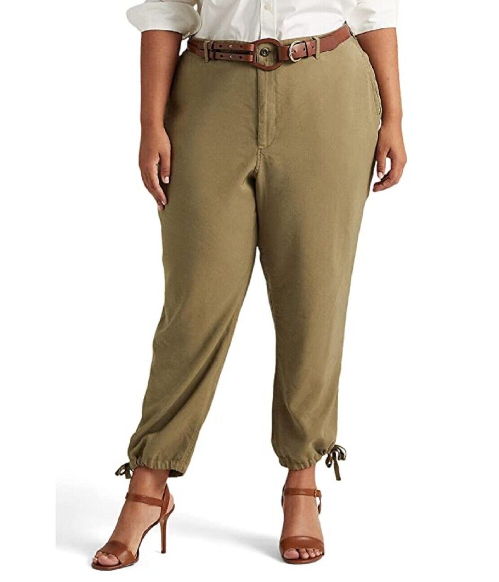 Lauren Ralph Lauren Twill Tapered Ankle Pant in Olive Fern Plus Size 16